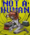  1girl a.i._voice absurdres adachi_rei amputee android bandaid bandaid_on_leg blood blue_screen_of_death cable commentary completely_nude defibrillator dk_silky english_text flat_chest full_body highres intravenous_drip joints medium_hair no_nipples nude one_side_up orange_eyes orange_hair pill robot_joints sitting solo tears untranslatable_commentary utau wariza yellow_background 