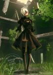  1girl 2b_(nier:automata) akashiacacia black_dress black_gloves black_hairband black_thighhighs blindfold boots breasts cleavage_cutout clothing_cutout commentary_request covered_eyes day doorway dress drone feather-trimmed_sleeves feather_trim full_body gloves grass hairband highres indoors juliet_sleeves leotard long_sleeves looking_at_another nier:automata nier_(series) pod_(nier:automata) profile puffy_sleeves robot ruins scenery short_hair standing sword thigh_boots thighhighs thighhighs_under_boots tree virtuous_contract weapon white_hair white_leotard 