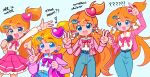  1girl :d ? ?? absurdres angel_wings arm_up arrow_(symbol) artist_progress artist_self-insert backpack bag belt blue_background blue_belt blue_eyes blue_pants blush blush_stickers breasts buckle cleavage_cutout clothing_cutout collared_shirt commentary comparison cowboy_shot cursive cut_bangs denim double_v earrings english_commentary english_text fang fingernails frilled_shirt_collar frills hair_between_eyes hair_flaps hair_ornament hairclip hands_up heart heart-shaped_buckle heart_earrings heart_hair_ornament high-waist_pants highres holding holding_microphone holding_stylus indie_virtual_youtuber jacket jeans jewelry lapels legs_apart legs_together long_hair long_sleeves looking_at_viewer marikyuun marikyuun_(classic)_(vtuber) marikyuun_(modern)_(vtuber) marikyuun_(vtuber) medium_breasts microphone miniskirt nail_polish neck_ribbon official_alternate_costume one_side_up open_clothes open_jacket open_mouth orange_hair outline pants pink_bag pink_jacket pink_ribbon pink_skirt pleated_skirt pointing_out_the_details ribbon shirt shirt_tucked_in side-by-side simple_background singing single_blush_sticker skirt smile smiley_face stylus thick_eyebrows v very_long_hair virtual_pet_(toy) virtual_youtuber w wavy_hair white_outline white_shirt wings 