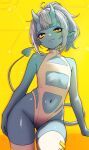  1girl absurdres ahoge clothing_cutout commentary demon_girl demon_horns demon_tail english_commentary film_grain flat_chest glowing glowing_eyes groin highleg highleg_leotard highres horns indie_virtual_youtuber kuu_(kuutuber) kuutuber leotard looking_at_viewer navel navel_cutout orange_background orange_eyes pointy_ears skin-covered_horns smile solo standing star-shaped_pupils star_(symbol) symbol-shaped_pupils tail thighhighs virtual_youtuber white_hair white_leotard white_thighhighs 