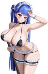  1girl absurdres alternate_breast_size_(larger) apron arcana_(nikke) bikini black_bikini blue_hair breasts broom cleavage commentary_request frilled_thigh_strap goddess_of_victory:_nikke highres holding holding_broom huge_breasts long_hair looking_at_viewer maid maid_apron maid_bikini maid_headdress navel purple_eyes simple_background solo swimsuit thigh_strap thighs unconventional_maid very_long_hair white_background won_(won3355) wrist_cuffs 