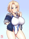  1girl ahoge alternate_costume artist_logo asymmetrical_hair blonde_hair blue_background blue_eyes blue_jacket blush breasts commentary_request competition_swimsuit cowboy_shot dated hair_bun highleg highleg_one-piece_swimsuit holding holding_whistle jacket kanon_(kurogane_knights) kantai_collection large_breasts logo long_hair long_single_sidelock looking_at_viewer one-hour_drawing_challenge one-piece_swimsuit smile solo standing swimsuit wasp_(kancolle) whistle whistle_around_neck white_one-piece_swimsuit 