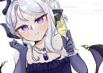  1girl ama_flat blue_archive breasts commentary_request cup demon_girl demon_horns demon_wings dress drinking_glass elbow_gloves gloves halo highres hina_(blue_archive) hina_(dress)_(blue_archive) horns looking_at_viewer low_wings purple_dress purple_eyes purple_gloves simple_background small_breasts solo white_background white_hair wine_glass wings 