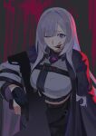  1girl absurdres ak-12 ak-12_(girls'_frontline) assault_rifle black_cape black_gloves black_pants blood blood_on_face blunt_bangs breasts cape cheek_injury chest_strap coat cropped_shirt girls'_frontline gloves grey_hair gun hair_intakes hand_up highres holding holding_gun holding_weapon injury kalashnikov_rifle kano33 large_breasts long_hair long_sleeves looking_at_viewer neck_injury one_eye_closed open_clothes open_coat pants partially_fingerless_gloves purple_eyes rifle shirt solo very_long_hair weapon white_shirt 