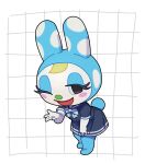  1girl animal_crossing animal_ears animal_nose blonde_hair blue_bow blue_bowtie blue_eyeshadow blue_fur blue_hood blue_serafuku blush bow bowtie commentary dot_nose dress eyelashes eyeshadow francine_(animal_crossing) furry furry_female grid_background kopa_nishikida makeup multicolored_polka_dots one_eye_closed polka_dot polka_dot_dress rabbit_ears rabbit_girl rabbit_tail school_uniform serafuku solo tail white_background 