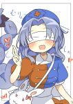  1girl aged_down animal_bag apron bag blindfold blue_dress blue_hat blush bow braid brown_bow child commentary_request constellation_print cross cross_print dress facing_viewer grey_hair hair_bow hat long_hair looking_at_viewer matsu_kitsune nurse_cap open_mouth print_hat puffy_short_sleeves puffy_sleeves rabbit_bag red_cross red_dress short_sleeves shoulder_bag single_braid smile solo touhou touhou_lostword translation_request two-tone_dress very_long_hair waist_apron white_apron white_bag yagokoro_eirin 