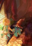  2boys absurdres aqua_coat aqua_pants aqua_vest aqua_wrist_cuffs bare_shoulders belt black_mage_(final_fantasy) blonde_hair boots brown_belt brown_boots cat_tail closed_eyes coat cobblestone commentary_request cropped_vest final_fantasy final_fantasy_ix from_above full_body gloves grey_boots grey_gloves hair_between_eyes hat highres holding_hands laughing low_ponytail male_focus mochimochi_daifuku multiple_boys neck_ribbon open_mouth pants parted_bangs ponytail red_gloves ribbon shirt short_hair smile tail twitter_username vest vivi_ornitier walking white_shirt witch_hat wrist_cuffs yellow_eyes zidane_tribal 