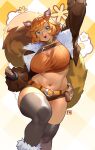  1girl animal_ears arm_up belly belt belt_pouch breasts brown_jacket brown_tail buck_teeth checkered_background choker cleavage clenched_hand crop_top cropped_jacket fatter_than_canon fingerless_gloves flipped_sidelocks floral_print fluffy_tail freckles fur_trim gloves green_eyes highres huge_breasts jacket knee_up leather leather_jacket looking_at_viewer marvel marvel_rivals midriff navel orange_belt orange_hair parted_lips plump poch4n pouch short_hair short_shorts shorts signature skindentation solo squirrel_ears squirrel_girl squirrel_girl_(marvel) squirrel_tail standing standing_on_one_leg swept_bangs tail teeth thick_thighs thighhighs thighs two-tone_background victory_pose white_background yellow_background 