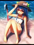  alternate_costume arm_support artist_name barefoot beach bikini blue_hair blue_nails bracelet dripping fingernails food fruit hand_on_headwear hat highres hinanawi_tenshi jewelry knees_together_feet_apart letterboxed long_hair looking_at_viewer nail_polish open_mouth outdoors panties peach planted_sword planted_weapon pyonsuke_(pyon2_mfg) red_eyes shadow shirt side-tie_bikini signature sitting sleeveless smile solo sparkle swimsuit sword sword_of_hisou toenails toes touhou underwear water weapon wet wet_clothes 
