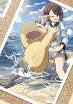  1girl :d absurdres barefoot brown_eyes brown_hair cloud collared_shirt commentary_request day feet gloria_(pokemon) gym_challenge_uniform hand_up highres one_eye_closed open_mouth outdoors photo_(object) pokemon pokemon_(creature) pokemon_sword_and_shield psyduck sharpedo shirt short_hair shorts sky smile splashing teeth toes water water_drop yukishima_(hi_kyou) 