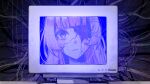  1girl :| ai-chan_(love_angel_syndrome) blunt_bangs broken_skull cable closed_mouth cracked_skin game_asset glowing head_tilt looking_at_viewer loose_wires love_angel_syndrome mechabare monitor non-web_source official_art pink_hair portrait self-datamine sidelocks solo wide-eyed 