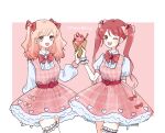  2girls :d ;d arm_at_side belt blonde_hair border bow bowtie breasts brooch collared_shirt commentary_request cowboy_shot dot_nose dress food food-themed_hair_ornament frilled_thigh_strap frilled_wrist_cuffs frills fruit gradient_hair hair_bow hair_ornament hand_up hatopippi45 heart heart_in_eye highres holding holding_ice_cream_cone ice_cream ice_cream_cone jewelry light_blush long_hair long_sleeves looking_at_viewer making-of_available medium_hair multicolored_hair multiple_girls object_and_personification one_eye_closed open_mouth original outside_border parted_bangs personification petticoat pinafore_dress pink_background pink_dress pink_eyes pink_hair plaid_clothes plaid_dress puffy_short_sleeves puffy_sleeves red_belt red_bow red_bowtie red_hair shirt short_sleeves simple_background sleeveless sleeveless_dress small_breasts smile standing strawberry strawberry_hair_ornament swept_bangs symbol_in_eye thigh_strap twintails two_side_up very_long_hair wafer_stick waffle_cone white_border white_shirt wrist_cuffs 
