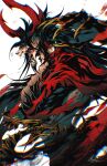  1boy absurdres black_hair cape cloak commentary english_commentary fangs final_fantasy final_fantasy_vii from_side galian_beast headband highres horns kaydeefoxx long_hair looking_at_viewer multiple_views open_mouth pointy_ears profile red_cape red_cloak red_eyes red_headband torn_cape torn_cloak torn_clothes transformation vincent_valentine white_background 