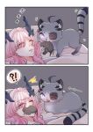  2girls animalization arknights arknights:_endfield bed cat commentary_request demon_girl demon_horns eyepatch highres horns mi_fu_(arknights) mouse_(animal) multiple_girls on_bed person_and_animalization pink_hair proud sleeping tangtang_(arknights) yuukikikie 