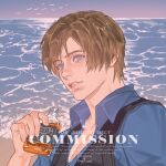  1boy aegyo_sal alcohol bbeiiii_04 beach beard_stubble black_vest blue_eyes blue_shirt bottle brown_hair collared_shirt commentary costume_request facial_hair highres holding holding_bottle horizon jack_daniel's leon_s._kennedy looking_to_the_side parted_lips pectoral_cleavage pectorals resident_evil resident_evil_6 shirt shore short_hair simple_bird stubble surf untranslatable_commentary vest waves 
