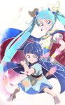  2girls aged_down ahoge blue_cape blue_dress blue_eyes blue_hair blue_tunic blurry blurry_foreground bow brooch cape cherry_blossoms closed_mouth commentary cure_sky cut_bangs depth_of_field detached_sleeves dress dress_bow dual_persona earrings fighting_stance fingerless_gloves frilled_dress frills frown gloves gradient_hair grey_shoes hair_ornament hand_on_own_hip highres hirogaru_sky!_precure jewelry long_hair looking_at_viewer magical_girl medium_dress motion_blur multicolored_hair multiple_girls pink_bow pink_hair precure puffy_detached_sleeves puffy_sleeves red_cape shoes short_sleeves single_earring single_sidelock sleeveless sleeveless_dress smile sora_harewataru streaked_hair tunic twintails two-sided_cape two-sided_fabric two-tone_dress two-tone_hair very_long_hair white_background white_dress white_gloves wind wing_brooch wing_hair_ornament wonderful_tanaka 
