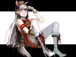  1girl animal_ears armband blunt_bangs boots bow breasts brown_hat commentary_request dress ear_bow ear_ribbon gloves gold_ship_(red_strife)_(umamusume) gold_ship_(umamusume) grey_hair hat highres horse_ears horse_girl horse_tail long_hair looking_at_viewer pantyhose parted_lips pillbox_hat purple_eyes red_bow red_dress sleeveless sleeveless_dress smile solo striped_armband striped_clothes tail umamusume umeume332 v white_boots white_gloves white_pantyhose 