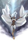  1girl abs boots breasts cape clothing_cutout commentary dark-skinned_female dark_skin electricity electrokinesis english_commentary gold_boots grey_hair highres hip_vent long_hair looking_at_viewer marvel minh_pham muscular muscular_female pants solo storm_(x-men) underboob very_dark_skin white_cape white_pants x-men 