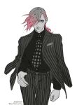  1boy braid braided_ponytail commentary_request cosplay cowboy_shot dated diavolo diavolo_(cosplay) expressionless eyes_visible_through_hair freckles greyscale hair_over_one_eye highres jacket jacket_on_shoulders jojo_no_kimyou_na_bouken male_focus mismatched_pupils monochrome pants pink_hair polka_dot_necktie solo spot_color spotted_hair striped_clothes striped_jacket striped_pants thumb_in_pocket touyama_maki twitter_username vento_aureo vertical-striped_clothes vertical-striped_jacket vertical-striped_suit vinegar_doppio zipper 