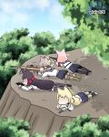  4girls aiming animal_ears anti-materiel_rifle assault_rifle barrett_m82 bilingual_commentary black_hair black_sailor_collar black_shirt black_socks black_thighhighs blonde_hair blue_archive blue_halo brown_hair c/h commentary day deformed english_commentary fox_ears fox_girl fox_platoon_(blue_archive) full_body gun h&amp;k_hk416 h&amp;k_ump halo holding holding_gun holding_weapon implied_extra_ears knee_pads kneehighs korean_commentary kurumi_(blue_archive) long_hair long_sleeves lying medium_hair miniskirt mixed-language_commentary multiple_girls niko_(blue_archive) on_ground on_stomach otogi_(blue_archive) outdoors outline pink_hair pink_halo pleated_skirt pump_action remington_870 rifle sailor_collar school_uniform serafuku shirt shotgun sidelocks skirt sniper_rifle socks submachine_gun thighhighs very_long_hair weapon white_outline white_shirt yellow_halo yukino_(blue_archive) zettai_ryouiki 