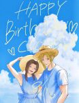  1boy 1girl artist_name bare_shoulders blonde_hair blue_dress blue_eyes blue_shirt blue_sky breasts brown_hair character_name closed_eyes closed_mouth cloud cloud_strife cloudy_sky commentary_request dated dress earrings english_text fig82117s final_fantasy final_fantasy_vii hair_ribbon happy_birthday hat highres jewelry long_hair medium_breasts open_mouth outdoors parted_bangs ribbon shirt short_hair sidelocks single_earring sky sleeveless sleeveless_dress smile sun_hat upper_body white_ribbon 