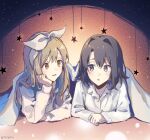  2girls :o adachi_sakura adachi_to_shimamura black_hair blue_eyes bow bow_hairband brown_background brown_eyes brown_hair collared_shirt commentary double-parted_bangs elbow_rest english_commentary hair_intakes hairband hand_rest highres jeiyllow long_hair long_sleeves looking_at_another looking_to_the_side lying multiple_girls on_stomach pajamas parted_lips shimamura_hougetsu shirt short_hair smile star_(symbol) star_symbol_background straight_hair twitter_username under_covers white_bow white_hairband white_shirt 
