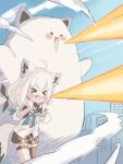 >_< 1girl :3 ahoge animal_ear_fluff animal_ears black_shorts blush_stickers commentary_request creature detached_sleeves energy_beam firing fox_ears fox_girl fox_tail fubuzilla_(shirakami_fubuki) highres hololive kohitsujida long_hair low_ponytail open_mouth ponytail shirakami_fubuki shirakami_fubuki_(1st_costume) shirt shorts smile tail virtual_youtuber white_hair white_shirt 