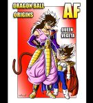  absurdres armor baggy_pants belt blue_bodysuit bodysuit boots breasts brown_hair cape collarbone dragon_ball_af earrings faulds gauntlets gradient_background hair_between_eyes hair_over_one_eye hand_on_another's_head hand_on_own_hip highres jewelry lipstick long_hair looking_down looking_up makeup monkey_tail mother_and_child necklace open_mouth pants parent_and_child purple_cape red_background red_cape saiyan saiyan_armor signature sleeveless small_breasts smile tablosaf tail thick_eyebrows vegeta white_background white_boots 