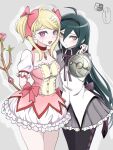  2girls :d absurdres ahoge akamatsu_kaede akemi_homura akemi_homura_(cosplay) akemi_homura_(magical_girl) arm_shield black_hair black_hairband black_pantyhose blonde_hair blush bow breasts brown_eyes cleavage commentary_request cosplay danganronpa_(series) danganronpa_v3:_killing_harmony dress frilled_skirt frills genderswap genderswap_(mtf) grey_background grey_skirt hair_between_eyes hair_bow hairband highres kaname_madoka kaname_madoka_(cosplay) kaname_madoka_(magical_girl) long_hair magical_girl mahou_shoujo_madoka_magica mahou_shoujo_madoka_magica_(anime) medium_breasts moon_(moon0771110) multiple_girls pantyhose pink_bow pink_dress pink_eyes puffy_short_sleeves puffy_sleeves saihara_shuichi short_sleeves skirt smile soul_gem_(madoka_magica) sweatdrop translation_request twintails white_background 