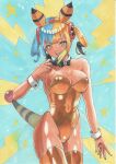  1girl alternate_breast_size_(larger) ampharos ampharos_(cosplay) animal_ears black_bow black_bowtie bow bowtie breasts canari_(pokemon) commentary_request cosplay cowboy_shot detached_collar eyelashes hairband hand_up leotard looking_at_viewer mask mask_pull mouth_mask multicolored_hair playboy_bunny pokemon pokemon_legends:_z-a solo star_(symbol) thighhighs tomo115 tongue tongue_out twintails wrist_cuffs yellow_hairband 