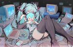  1girl 2026 aqua_eyes aqua_hair aqua_necktie artist_name black_sleeves cellphone character_doll commentary computer controller detached_sleeves doll flip_phone game_console game_controller gamecube grey_shirt handheld_game_console hatsune_miku headset highres holding holding_stuffed_toy idog ipod laptop long_hair monitor mp3_player necktie nintendo nintendo_ds nokia_3310 number_tattoo peaceablecolt phone shirt sleeveless sleeveless_shirt solo stuffed_toy tamagotchi tamagotchi_(virtual_pet) tattoo twintails very_long_hair virtual_pet_(toy) vocaloid wii_remote 