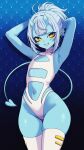  1girl ahoge armpit_focus armpits bare_hips blue_oni blue_skin breasts clothing_cutout colored_skin demon_tail eyeliner flat_chest grey_hair grin highres hip_focus horns indie_virtual_youtuber kuu_(kuutuber) kuutuber leotard looking_at_viewer makeup navel navel_cutout oni pointy_ears ponytail presenting_own_armpit sharp_teeth shortstack skin-covered_horns small_breasts smile solo star-shaped_pupils star_(symbol) symbol-shaped_pupils tail teeth thick_thighs thighs turtleneck turtleneck_leotard virtual_youtuber wide_hips yellow_eyeliner 