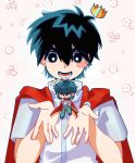  black_hair blush_stickers cape chibi chibi_inset commentary crown false_memory guan_chao_(false_memory) halo highres jacket looking_at_another male_focus mini_crown multiple_boys nangu0417 open_mouth protagonist_halo red_cape shirt short_sleeves smile sweatdrop sword weapon yaoi 