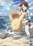  1boy 1girl :d absurdres barefoot brown_eyes brown_hair cloud collared_shirt commentary_request day feet gloria_(pokemon) gym_challenge_uniform hand_up highres one_eye_closed open_mouth outdoors pokemon pokemon_(creature) pokemon_sword_and_shield psyduck sharpedo shirt short_hair shorts sky smile splashing teeth toes water water_drop yukishima_(hi_kyou) 