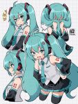  1girl ahoge anger_vein aqua_eyes aqua_hair aqua_necktie aqua_trim bare_shoulders black_skirt black_sleeves black_thighhighs collared_shirt commentary_request covering_face cropped_legs cropped_torso detached_sleeves dot_nose grey_shirt grid_background hair_between_eyes hair_ornament hands_on_own_hips hatsune_miku highres kei_s01 long_hair multiple_views necktie number_tattoo open_mouth pleated_skirt shirt shoulder_tattoo sidelocks simple_background skirt sleeveless sleeveless_shirt sweat sweatdrop tattoo thighhighs tie_clip twintails very_long_hair vocaloid watermark white_background wing_collar zettai_ryouiki 