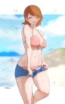  1girl air_bubble artist_name bare_arms beach bikini blue_shorts blue_trim blurry blurry_background breasts brown_hair bubble cleavage closed_eyes cloud cloudy_sky collarbone english_commentary facing_viewer feet_out_of_frame flipped_hair front-tie_bikini_top front-tie_top halterneck highres large_breasts n7grey navel ocean official_alternate_costume open_fly parted_lips persona persona_3 pink_bikini short_hair short_shorts shorts sky smile solo stomach summer sweat swept_bangs swimsuit takeba_yukari thick_thighs thighs undressing water 