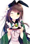  ama_usa_an_uniform animal_ears apron blush brown_hair bunny_ears cherry dessert flower food frilled_apron frills fruit gochuumon_wa_usagi_desu_ka? green_eyes hair_flower hair_ornament hair_ribbon holding japanese_clothes kimono long_hair looking_at_viewer one_eye_closed open_mouth plate ribbon shiratama_(shiratamaco) smile solo ujimatsu_chiya wa_maid waitress white_background 