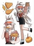  1girl ahoge animal_ears assault_visor biscuit_(bread) black_shoes black_shorts blue_eyes box breasts bucket_of_chicken chicken_(food) chicken_leg colonel_sanders colonel_sanders_(cosplay) commentary cosplay cup disposable_cup eating employee_uniform fast_food fast_food_uniform food food_in_mouth french_fries fried_chicken gold_ship_(umamusume) gravy grey_hair grey_tail hair_between_eyes highres holding holding_box horse_ears horse_girl horse_tail kfc long_hair multicolored_hair oguri_cap_(umamusume) oromnt red_shirt shirt shoes shorts socks standing standing_on_one_leg striped_clothes striped_shirt tail umamusume untranslatable_commentary vertical-striped_clothes vertical-striped_shirt white_socks 