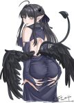  1girl :p ahoge ass ass_focus awa_subaru bare_shoulders black_bridal_gauntlets black_hair black_horns black_nails black_tail black_wings blue_dress blue_ribbon bridal_gauntlets clothing_cutout commentary_request cowboy_shot demon_girl demon_horns demon_tail demon_wings dress fingernails flour_clavicule from_behind girls_band_cry grabbing_own_ass hair_intakes half_updo highres horns long_dress long_fingernails long_hair looking_at_viewer low_wings one_eye_closed parted_bangs pointy_ears purple_eyes ribbon sidelocks simple_background tail tight_clothes togenashi_togeari tongue tongue_out white_background wings 