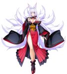  1girl animal_ear_fluff animal_ears bare_shoulders blunt_bangs breast_tattoo breasts bridal_gauntlets bright_pupils cleavage clenched_teeth detached_sleeves folding_fan fox_ears fox_girl fox_tail full_body game_asset hand_fan highres holding holding_fan inoino japanese_clothes kitsune kouyoku_senki_exs-tia kyuubi large_breasts large_variant_set long_hair long_sleeves looking_at_viewer multiple_tails no_panties non-web_source official_art one_eye_closed pink_eyes red_eyes self-datamine side_slit simple_background smile solo standing tachi-e tail tattoo teeth transparent_background variant_set very_long_hair white_hair white_pupils wide_sleeves youko_tamamo 