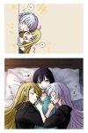  +_+ 5girls black_shirt blonde_hair check_commentary cho_kaguya-hime! closed_eyes commentary_request cuddling girl_sandwich green_eyes green_shirt grey_hair highres if_they_mated kaguya_(cho_kaguya-hime!) kurukuru2012 long_hair mother_and_child mother_and_daughter multiple_girls musical_note parent_and_child pillow polyamory purple_hair red_eyes runami_yachiyo sakayori_iroha sandwiched science_babies shirt sleeping spoken_musical_note yuri 