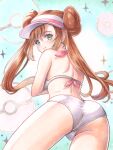  1girl alternate_costume aqua_eyes bikini brown_hair closed_mouth commentary_request double_bun eyelashes grey_bikini hair_bun highres long_hair marker_(medium) poke_ball_symbol pokemon pokemon_black_2_and_white_2 rosa_(pokemon) shoulder_blades smile solo sparkle swimsuit tomo115 traditional_media twintails visor_cap 