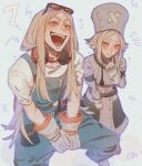  1boy 1girl august_stilza blonde_hair blue_overalls blush cable choker closed_mouth commentary dress eishia_stilza english_commentary eyewear_on_head flipped_hair gachiakuta gloves grey_dress grey_hat hat headphones headphones_around_neck highres long_hair milkkbunnz mole mole_under_eye nose nurse_cap open_mouth overalls pants pink_eyes sandals shirt short_hair short_sleeves siblings sidelocks smile white_background white_gloves white_shirt 