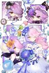  4girls absurdres ahoge ball beachball bikini black_bikini black_scarf blue_flower bouquet bridal_veil chinese_commentary closed_mouth commentary_request dango dress flower food ghhhhh gloves hair_flower hair_ornament hair_over_one_eye heterochromia highres holding holding_bouquet honkai_(series) honkai_gakuen long_hair looking_at_viewer multicolored_hair multiple_girls multiple_persona pink_hair purple_eyes purple_hair scarf short_hair sin_mal smile sunflower sunflower_hair_ornament swimsuit tongue tongue_out two-tone_hair veil wagashi wedding_dress white_dress white_gloves yellow_eyes 