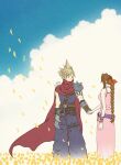  1boy 1girl 2020 aerith_gainsborough armor artist_name baggy_pants bare_shoulders belt blonde_hair blue_pants blue_shirt blue_sky bracelet braid braided_ponytail breasts brown_belt brown_gloves brown_hair cloak cloud_strife commentary_request couple dress falling_petals fig82117s final_fantasy final_fantasy_vii gloves hair_ribbon hetero highres holding_hands jewelry kingdom_hearts leg_belt light_smile long_dress long_hair looking_at_viewer medium_breasts multiple_bracelets official_alternate_costume pants parted_bangs pauldrons petals pink_dress purple_belt red_cloak red_ribbon ribbed_shirt ribbon shirt short_hair shoulder_armor sidelocks single_braid single_pauldron sky sleeveless sleeveless_dress spaghetti_strap spiked_hair yellow_petals 