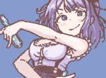  1girl black_skirt blue_background blue_eyes blush_stickers bottle breasts commentary dagashi_kashi dynamic_pose frilled_shirt frills furrowed_brow grey_hair high-waist_skirt holding holding_bottle jaggy_lines korean_commentary lowres medium_breasts oekaki ramune shidare_hotaru shirt simple_background skirt sleeveless sleeveless_shirt smile solo suspender_skirt suspenders toshill2 upper_body wigglypaint_(medium) 