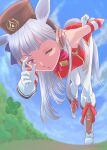  1girl absurdres animal_ears armband bent_over blue_sky blunt_bangs boots bow breasts brown_hat cloud clover commentary_request dress ear_bow ear_ribbon four-leaf_clover gloves gold_ship_(red_strife)_(umamusume) gold_ship_(umamusume) grey_hair hat highres horse_ears horse_girl horse_tail large_breasts long_hair pantyhose parted_lips pillbox_hat purple_eyes red_dress sky sleeveless sleeveless_dress solo striped_armband striped_clothes suika_blue tail umamusume white_boots white_gloves white_pantyhose 