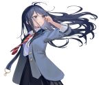  1girl airpods arm_up black_skirt blue_eyes blue_hair blue_jacket closed_mouth collared_shirt cowboy_shot diagonal-striped_clothes diagonal-striped_necktie dress_shirt floating_hair highres holding hoshino_ichika_(project_sekai) jacket light_smile long_hair long_sleeves looking_to_the_side necktie nyum pleated_skirt project_sekai red_necktie school_uniform shirt sidelocks simple_background skirt sleeve_slit solo star_(symbol) striped_clothes striped_necktie swept_bangs white_background white_necktie white_shirt wireless_earphones 