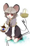  ameyu_(rapon) animal animal_ears bad_id bad_twitter_id basket bishamonten's_pagoda capelet dowsing_rod grey_hair jewelry kneeling long_sleeves mouse mouse_ears mouse_tail nazrin necklace open_mouth red_eyes shirt short_hair simple_background skirt skirt_set smile solo tail touhou vest white_background 