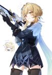  1girl black_dress black_gloves black_thighhighs blonde_hair closed_mouth dress flower genshin_impact gloves gun hair_between_eyes hair_flower hair_ornament highres holding holding_gun holding_weapon long_sleeves looking_ahead looking_to_the_side lumine_(genshin_impact) lumine_(night_hunt_in_snow)_(genshin_impact) official_alternate_costume short_hair_with_long_locks simple_background smile standing thighhighs umenoume weapon white_background yellow_eyes 